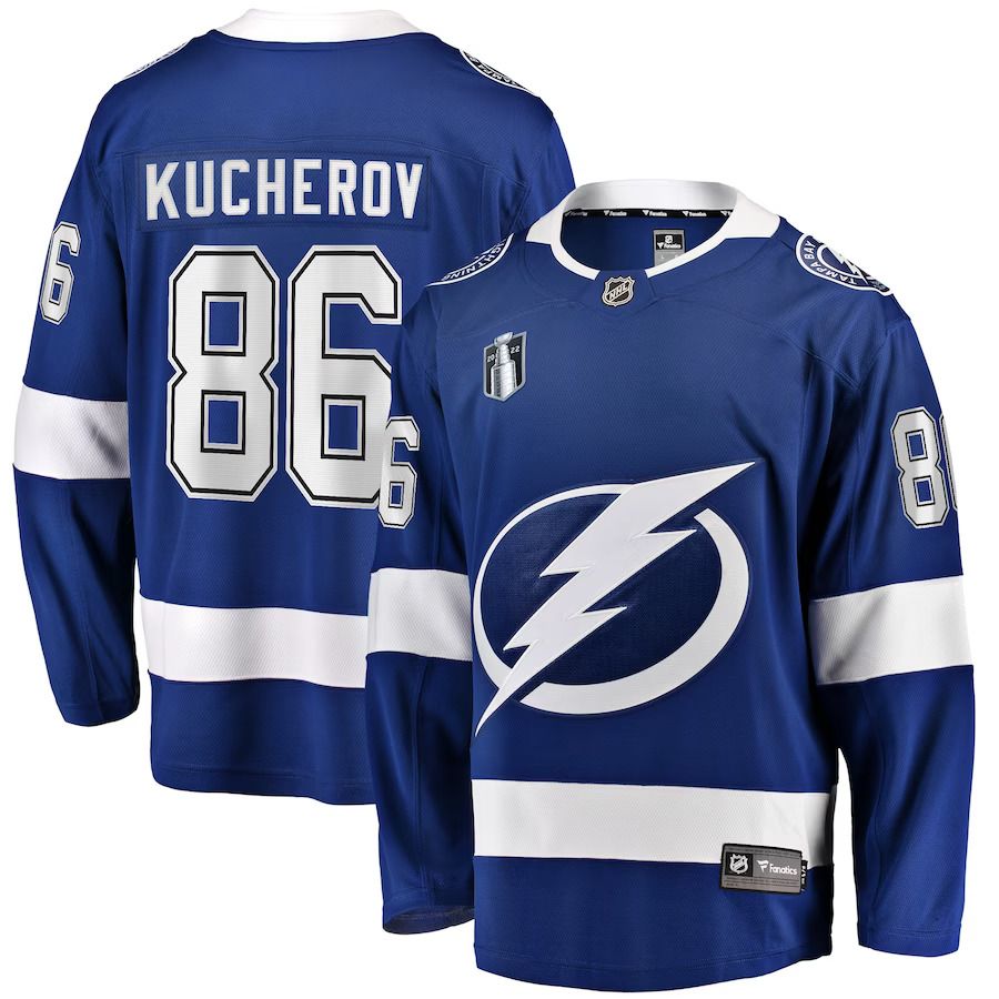 Men Tampa Bay Lightning 86 Nikita Kucherov Fanatics Branded Blue Home Stanley Cup Final Breakaway Player NHL Jersey
